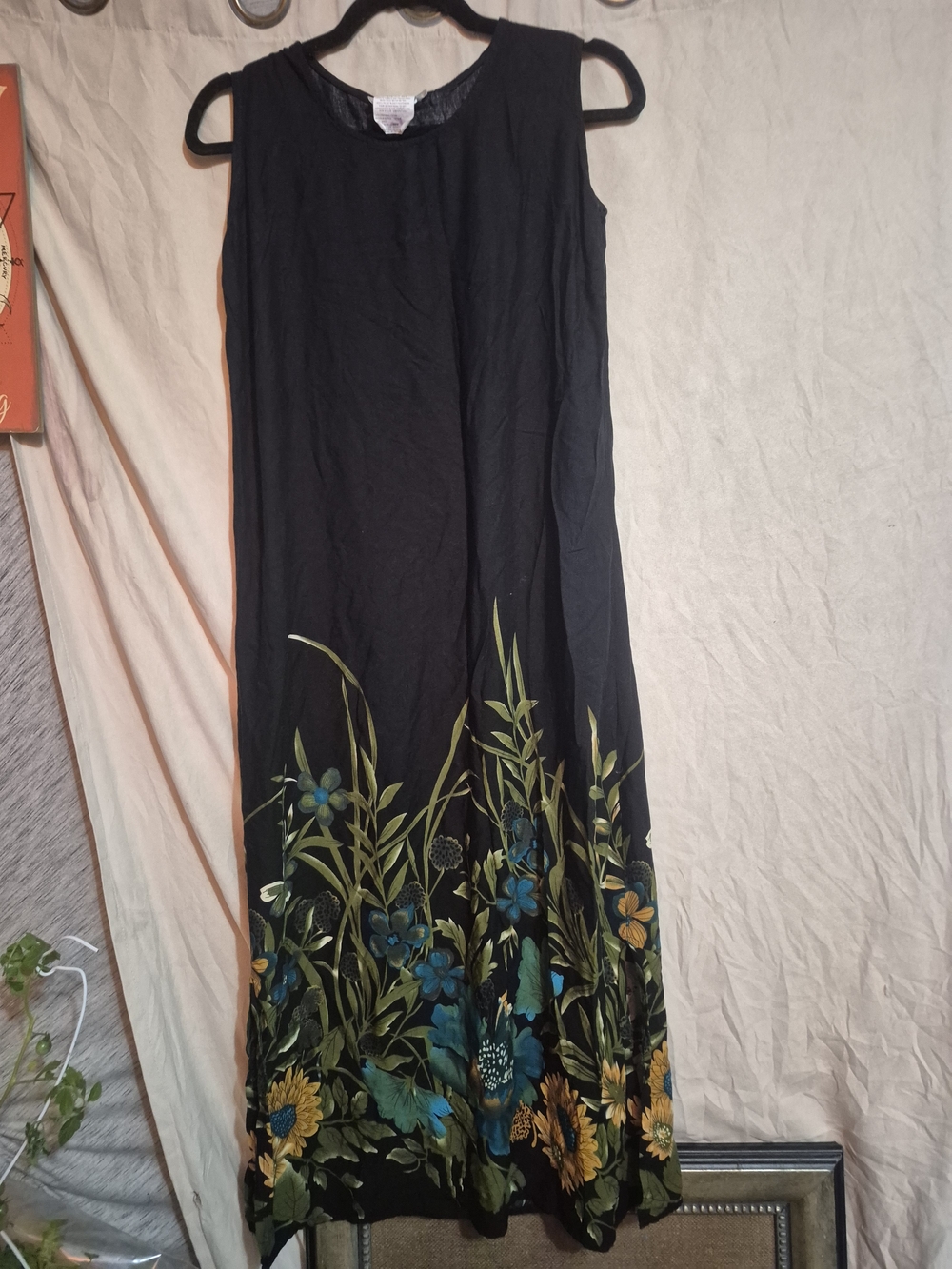 Black Floral Maxi Jumpsuit with Green and Teal Print